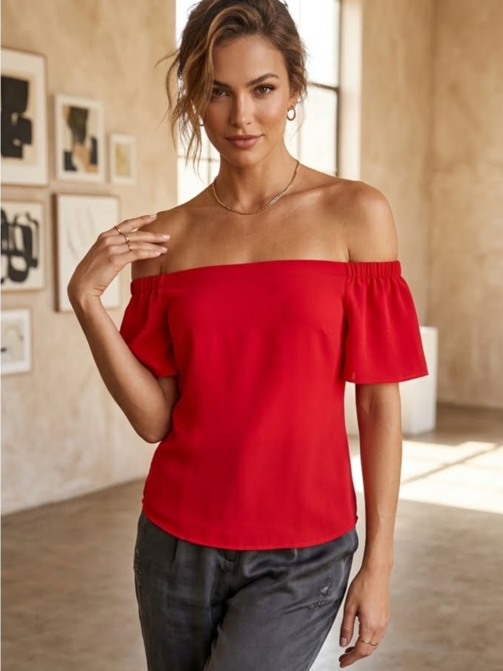 Monteau Off-Shoulder Red Short Sleeve Blouse